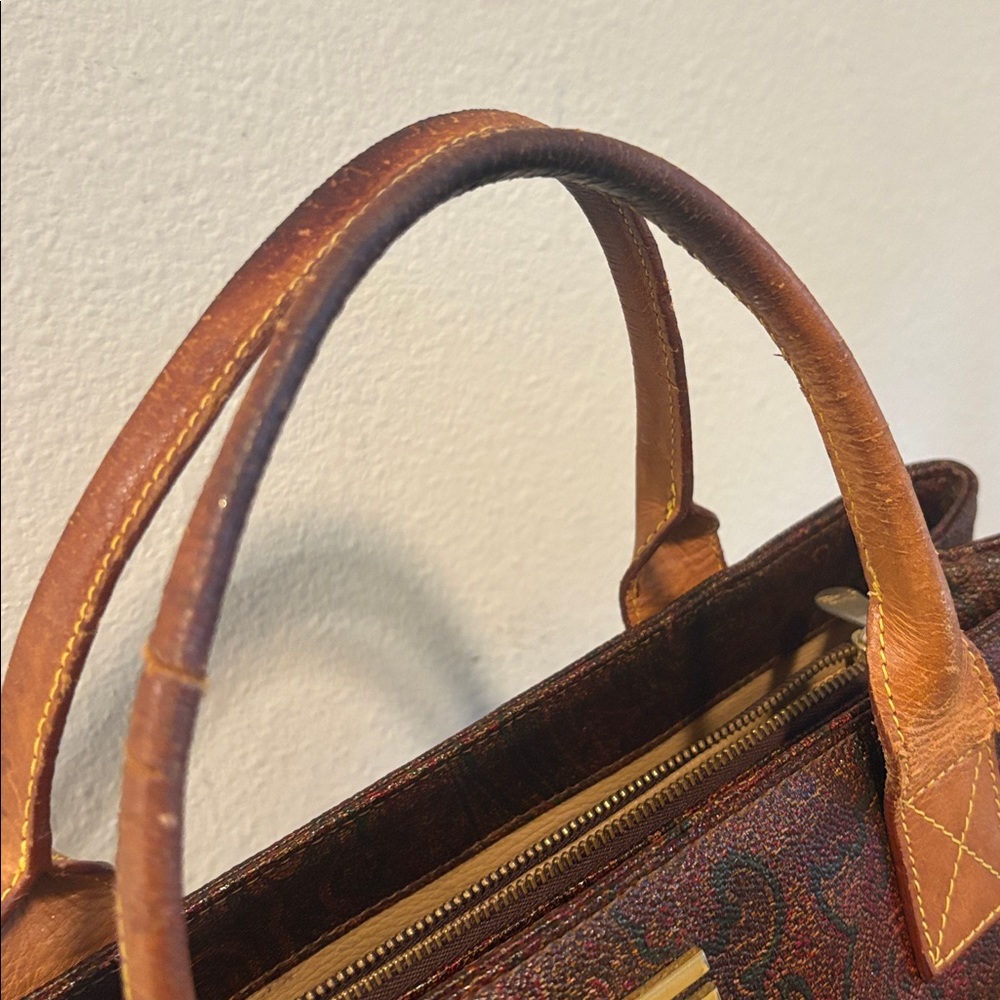 [Etro] Paisley Medium Leather Top Handle Tote Bag Handbag Purse, Brown/Red - Picture 8 of 13